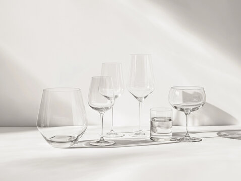 Empty wine glasses sat on the clean white table in the restaurant