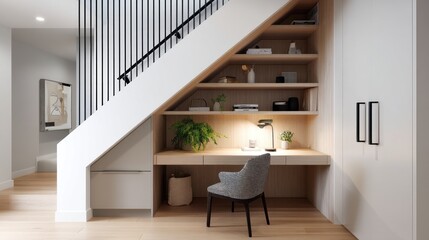 Minimalist built-in desk nook under stairs 