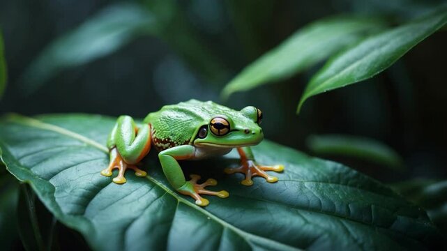 Green leaf with a Pacific tree frog resting