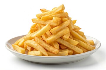 Crispy golden French fries piled high on a plate isolated on white. Golden, crispy French fries stacked on a plate, a popular comfort food perfect for casual meals and snack photography