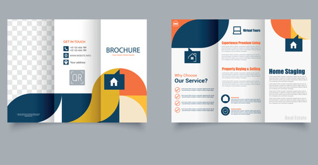 Minimalist Real Estate Property Brochure Layout. Professional and clean trifold brochure template for real estate agencies, property listings, or home sales marketing.