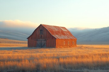 Obraz premium Golden hour scene of rustic barn in field nature photography peaceful landscape rural view