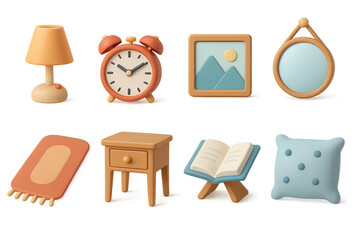 Fototapeta premium 3D icon set of bedroom accessories: bedside lamp, alarm clock, picture frame, rug, wall mirror, bedside table, book stand, decorative pillow. 3d icon