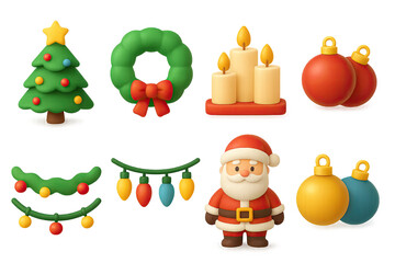3D icon set of postal celebration: holiday cards, wrapped parcel, festive stamps, seasonal envelope, delivery snowflake, gift ribbon, thank you tag, decorative label. 3d icon. icons set of 3d style