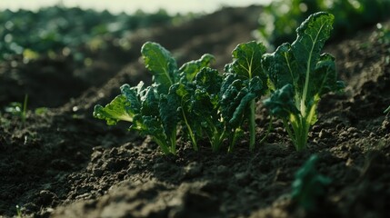 Several young kale plants growing in a well prepared garden bed