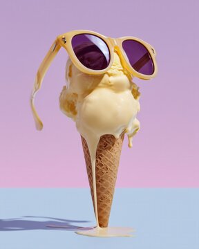 Melting Gelato Cone Wearing Sunglasses on Pastel Background