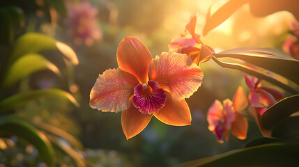 Fototapeta premium Radiant orange and pink orchid blossoms in a sunlit garden.