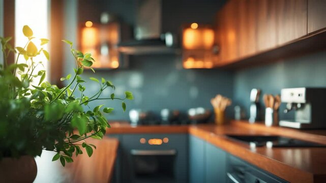 Contemporary stylish apartment interior with an abstract blurred backdrop showcasing bokeh.