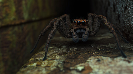 A stunning ultra-detailed spider resting calmly on a textured.