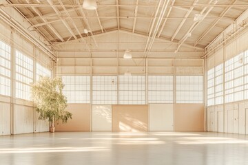 Fototapeta premium Spacious Empty Warehouse With High Ceiling and Natural Light in a Minimalist Design