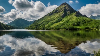 Fototapeta premium Mountain landscape with lake, grass and blue sky with clouds. Generated by AI
