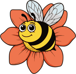 Hand drawn funny bee character inside flower. Nature insects doodle illustration vector on white background
