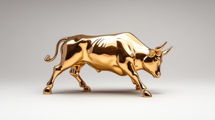 Fototapeta premium A finely sculpted golden bull figurine symbolizing market strength on an immaculately white background.