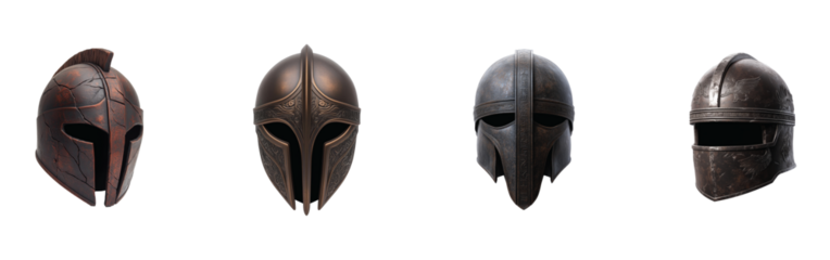 Ancient warrior helmets displayed in a perfect alignment highlighting historical craftsmanship