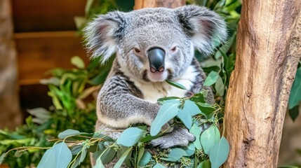 Fototapeta premium Gray koala munching eucalyptus leaves in tree