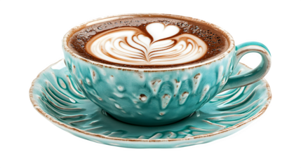 Cup of cappuccino with beautiful latte art in a turquoise cup and saucer, on a white background. 