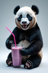 Fototapeta premium Cartoon Panda Drinking Smoothie in a Relaxed Mood