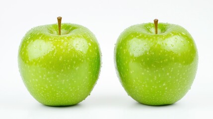 Two fresh green apples displayed against a bright white background