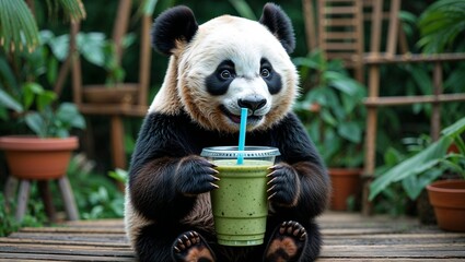 Obraz premium Cute Panda Enjoying a Smoothie with a Straw