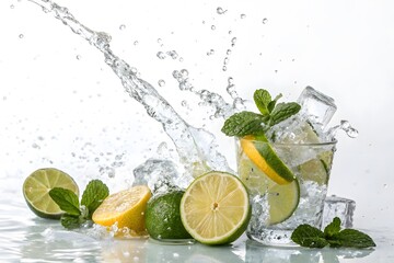 Refreshing Lemon Lime Drink with Ice and Mint in Splashing Motion