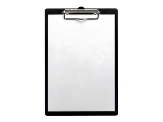 A clean, minimalist image of a black clipboard with a blank white sheet of paper.