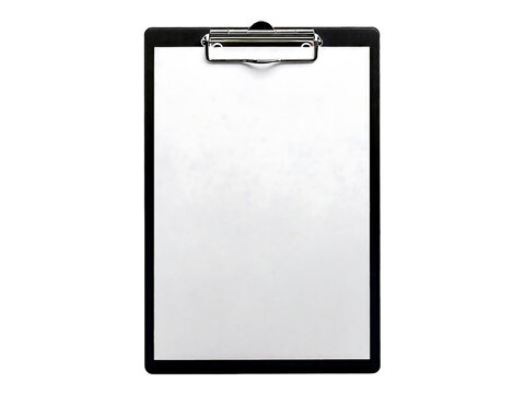A clean, minimalist image of a black clipboard with a blank white sheet of paper.