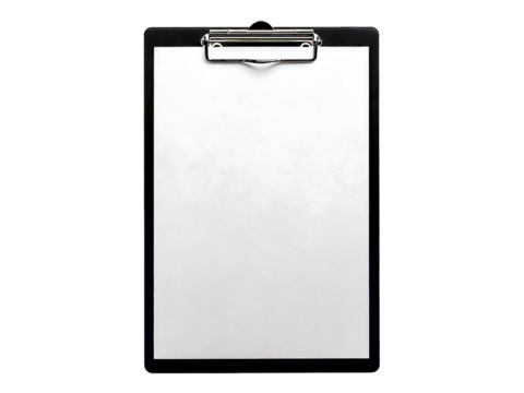 A clean, minimalist image of a black clipboard with a blank white sheet of paper.