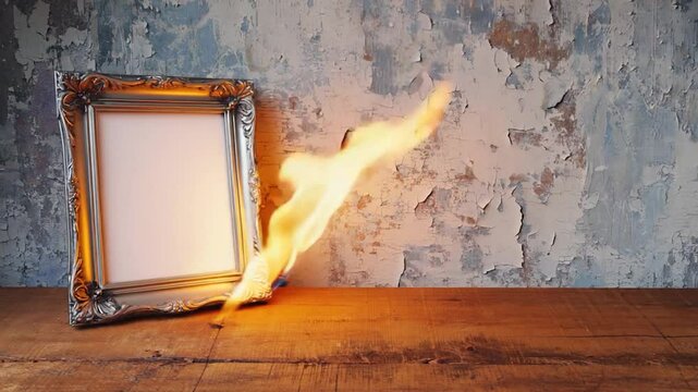 Burning picture frame on wooden table, distressed background, artistic display, potential for stock image
