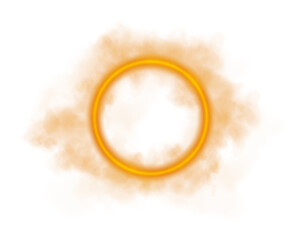 A mesmerizing golden smoke ring, surrounded by a soft, vaporous haze, beautifully displayed on a transparent background