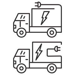 Electric plug in truck icon.Electric truck.Eco power.Green energy.Mobile filling station.Eco power vehicle transport.Electric vehicle power charging.Cargo car shipping and logistics.Outline vector.