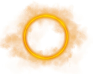 A breathtaking golden smoke ring exuding an ethereal quality beautifully set against a transparent background