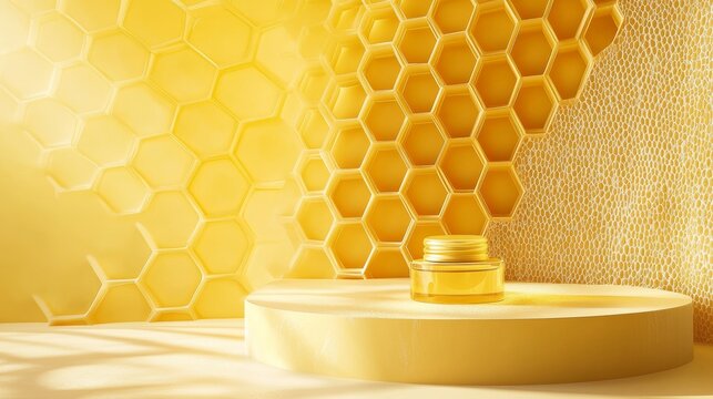 Honeycomb background product podium display 3d stand of natural honey bee pedestal template mockup or healthy nature stage platform backdrop and organic summer beauty beehive yellow scene showcase.