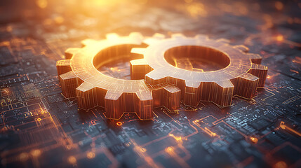 Closeup of two metallic gears interlocked on a circuit board, bathed in warm, golden light.  This highresolution, 3Drendered image evokes themes of technology, innovation, and seamless workflow.