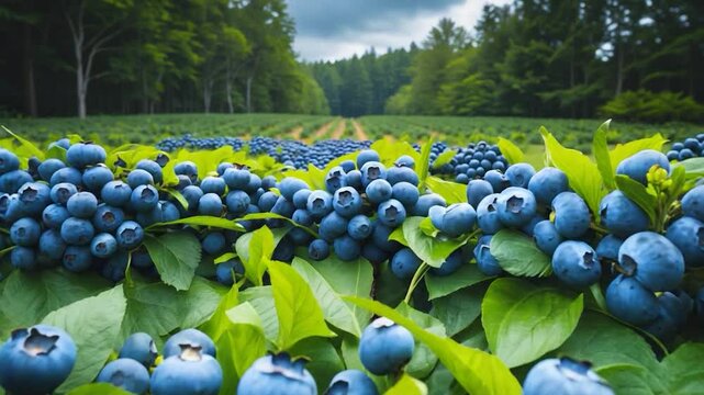 Blueberry plants lined with large ripe blueberries at a u-pick farm, healthy organic fruit, vital for a nutritious lifestyle and diet.