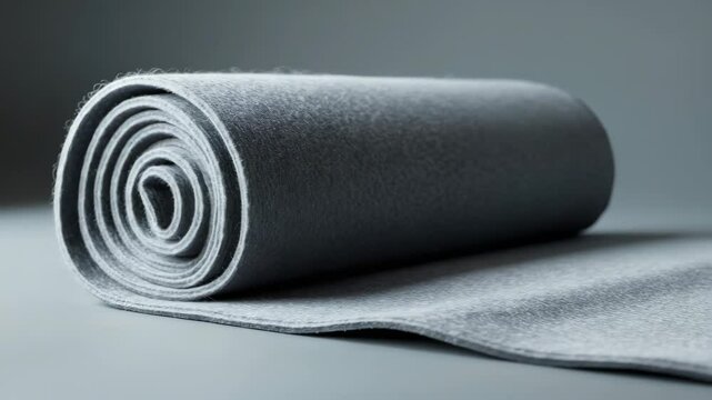Close-up of vibrant gray soft felt textile material fabric roll.
