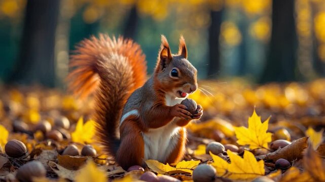 Red squirrel holds an acorn with its paws and munches on it among yellow leaves in a sunny autumn park.