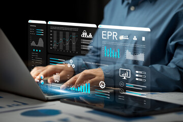 Enterprise resource planning concept. Businessman using tablet and laptop for business management planning and company improvement. Technology, Network, Enterprise resource planning.