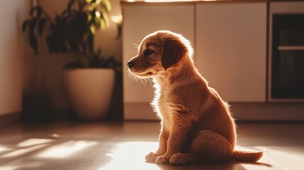 Golden retriever puppy with bright eyes sits calmly, radiating innocence and warmth.
