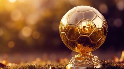 Naklejka premium Gold soccer ball or golden football champion award on competition background with winner trophy championship. 3D rendering.