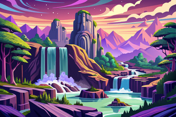 Naklejka premium Ban Gioc waterfall at sunset time, Vietnam, panoramic Simple cartoon design Flat style illustration vector