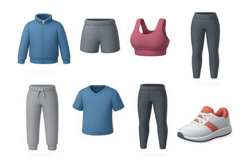 Stylish 3d activewear icons set: apparel and footwear collection for fitness enthusiasts