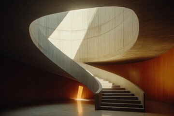 Raw Concrete Staircase Showcases Brutalist Architecture With Dramatic Light Playing on Curves and Angles in a Modern Interior Setting
