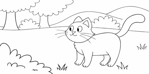 Fototapeta premium Playful Curiosity: A line art illustration of a curious cat gazes intently, amidst a serene outdoor setting. The minimalist style creates an image of charm and peace. coloring sketch book