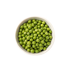 A white bowl holds fresh, green, healthy peas, a raw and organic legume vegetable