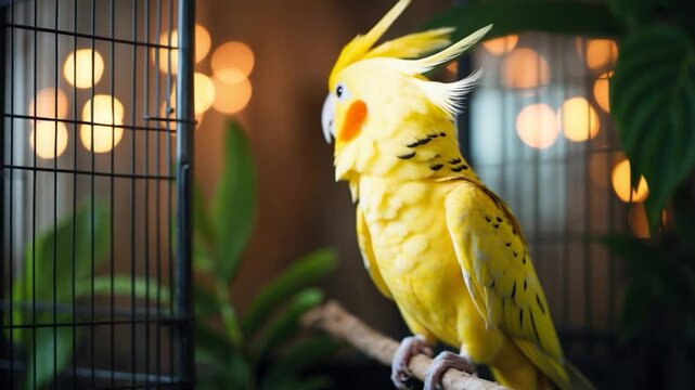 Yellow cockatiel parrot. Charming cockatiel. Parrot as a household pet. Amazing video of a bird. Funny parrot. Yellow bird as a domestic pet. Beautiful plumage. Love for animals.