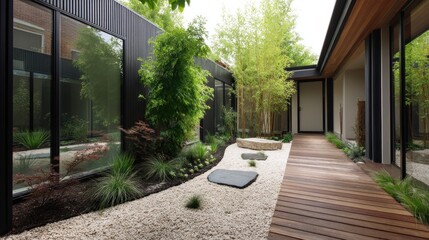 Fototapeta premium Minimalist courtyard with zen gravel and timber path 