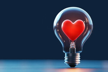 Red heart glowing inside clear light bulb on blue background with copy space. Creative concep