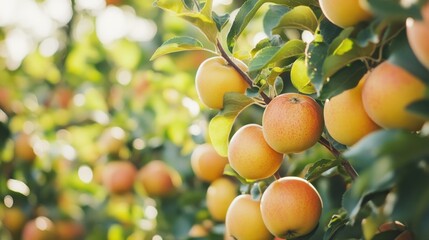 Ripe golden apples hanging from a tree branch in sunlight