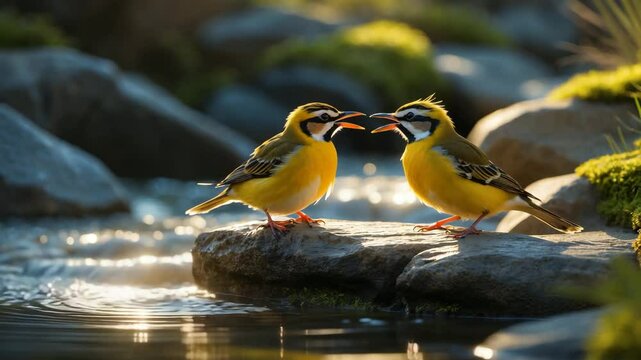 Two dickcissel birds perched on a rock ledge near a stream