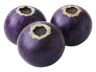 Three dark purple globes, possibly exotic fruits or vegetables, sit clustered on a pristine white background.